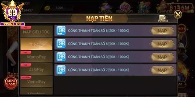 Hướng dẫn nạp tiền 99vina qua các phương thức
